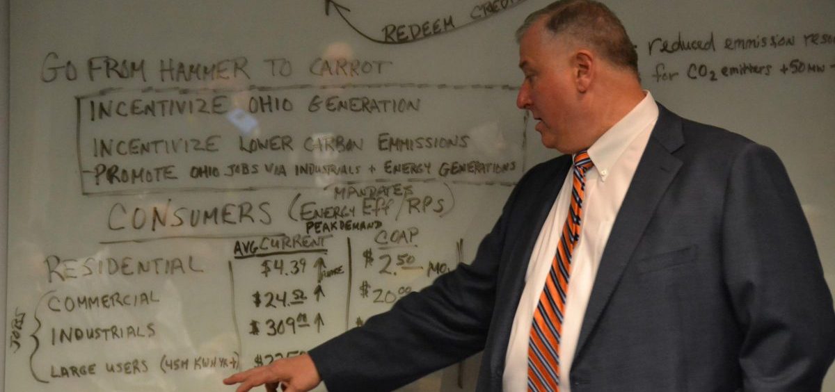 House Speaker Larry Householder draws up the details of his plan to overhaul energy policy in Ohio. Andy Chow | Statehouse News Bureau