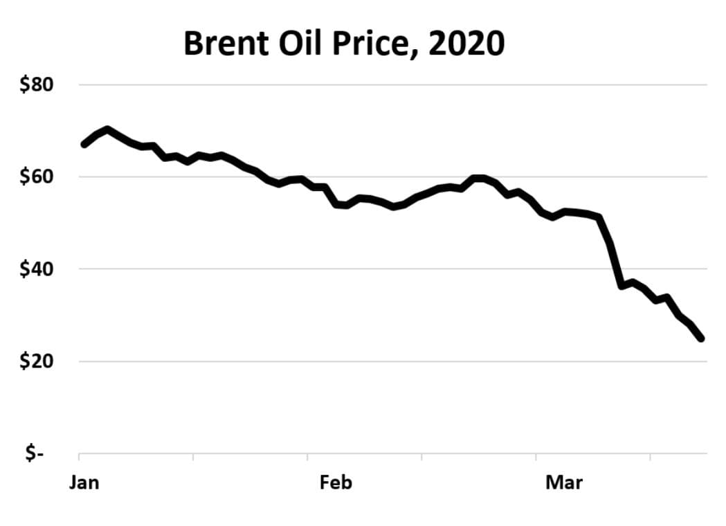 Double whammy: COVID-19 reduced oil demand, and failure of OPEC and non-OPEC groups to cut production levels halved prices (Source: MacroTrends)