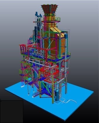 1. The John Cockerill Energy vertical once-through boiler (OTB) sits above the combustion turbine on a platform. In this configuration, the combustion turbine exhaust vertically enters a single plenum located below this single-level OTB module and exits through a plenum and stack. The high-maintenance bypass stack and silencer found in conventional plants are not needed on JCE-designed plants because the OTB can run dry. Courtesy: John Cockerill Energy