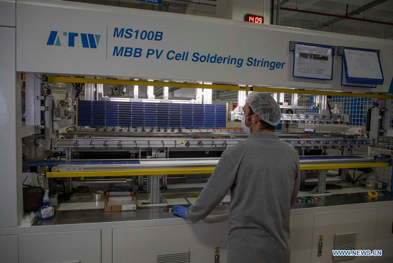 An Employee works in the factory of HT Solar Energy in Istanbul, Turkey, on May 7, 2021. Turkey and China are mutually benefiting from each other's advantages in the field of solar panel production. (Photo by Osman Orsal/Xinhua)